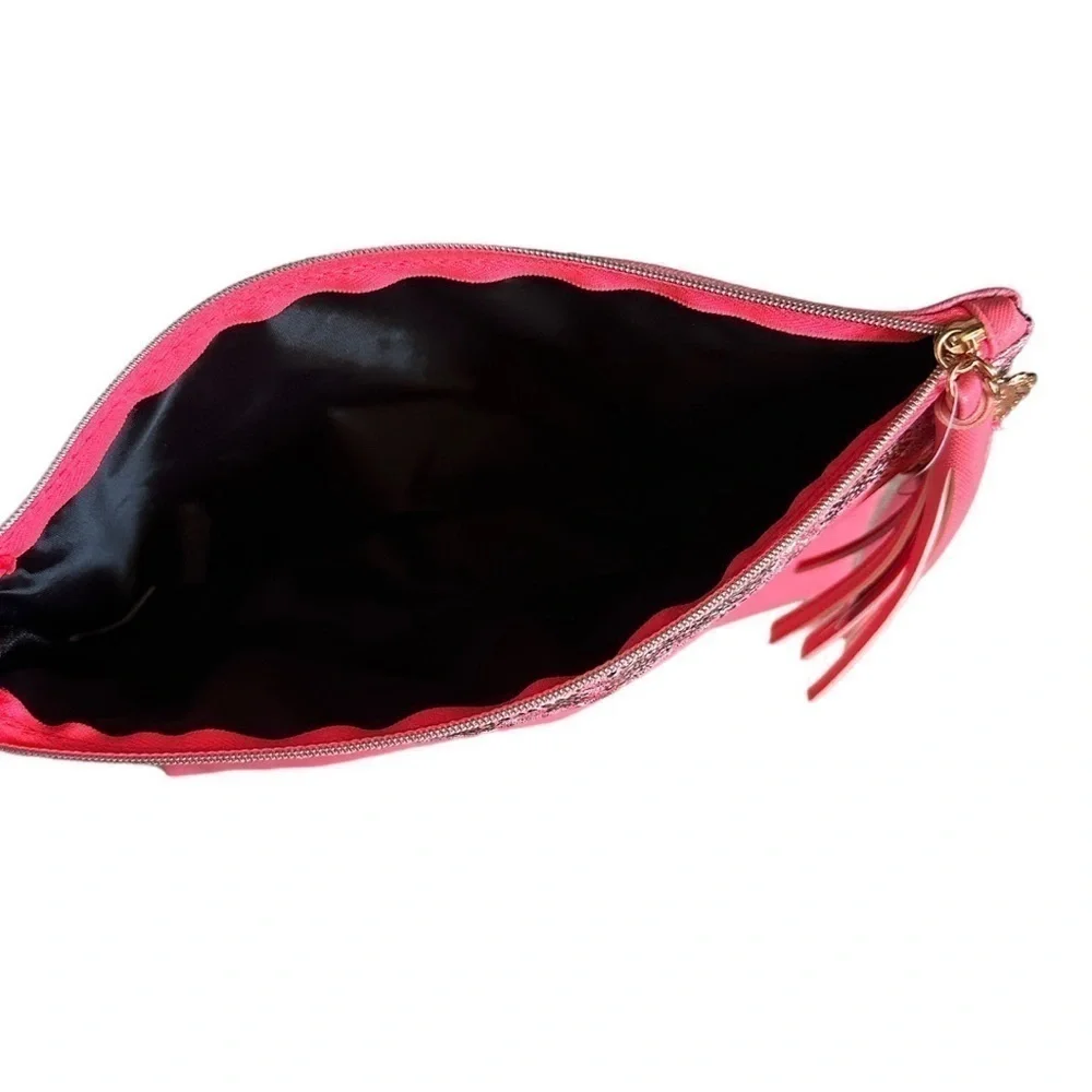 🌺 Ulta Hot Pink Rose Gold Feather Tassel Cosmetic Bag NWT